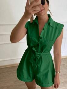 Women's Clothing/Romper/Waist Tie/Linen - 橄欖綠 - 查看 2
