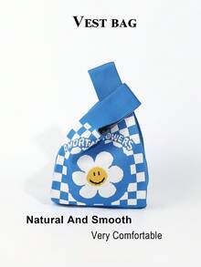 Flower Checkerboard Knit Vest Bag, Vintage Checkerboard Jacquard Wrist Pouch - Blue - View 6