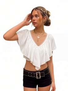 Blusa bohemia de mujer con cuello en V con volantes, manga corta con volantes y corte crop de gasa - Blanco - Ver 2