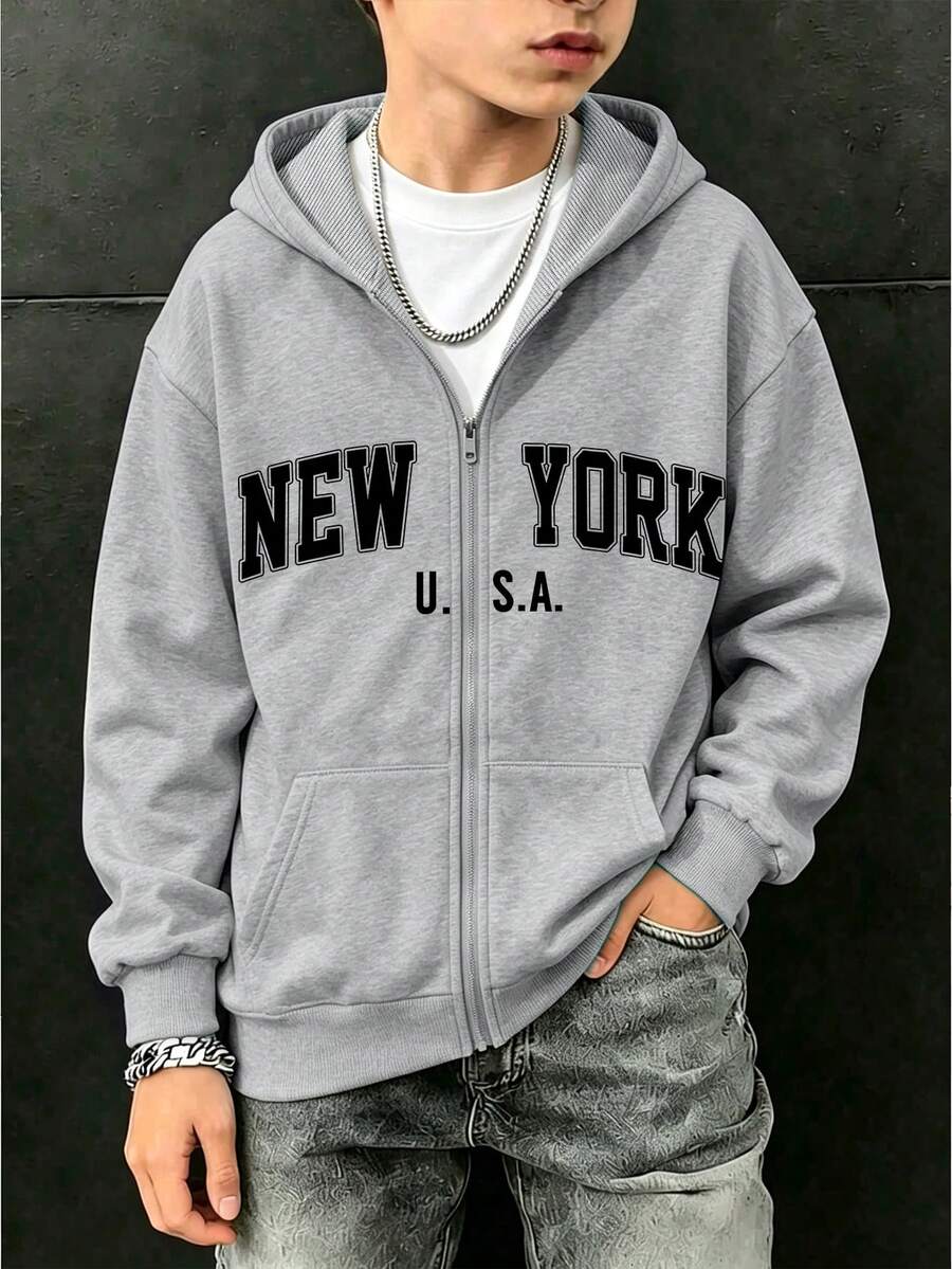 Girls' "NEW YORK" Print Hooded Zip-Up Sweatshirt, Casual Long Sleeve Jacket, Comfortable And Soft Fabric, Suitable For Autumn/Winter Daily Wear - Grey - View 1