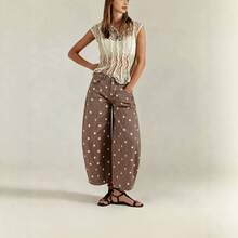 Pants For Women,Women High Waist Polka Dot Barrel Pants, Seam Detail Loose Cropped Casual Denim Trousers - Reddish-brown - View 4