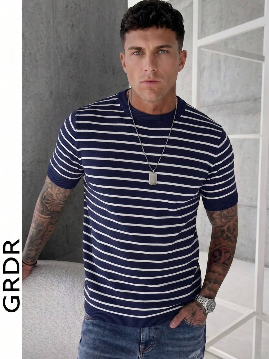 GRDR Men's Colorblock Knit Short Sleeve Sweater, Striped Fashion Short Sleeve, Suitable For Summer Casual Gatherings, Essential Fashionable Item - Navy Blue - View 1