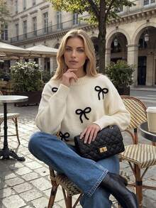 Nicenter Women's Fall Winter Cozy Simple Cream 3D Bow Applique Crew Neck Drop Shoulder Long Sleeve Wool Blend Sweater, For Office Daily Home Date - White - View 6