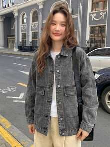 Women's Loose Fit Solid Color Denim Jacket - Grey - View 10