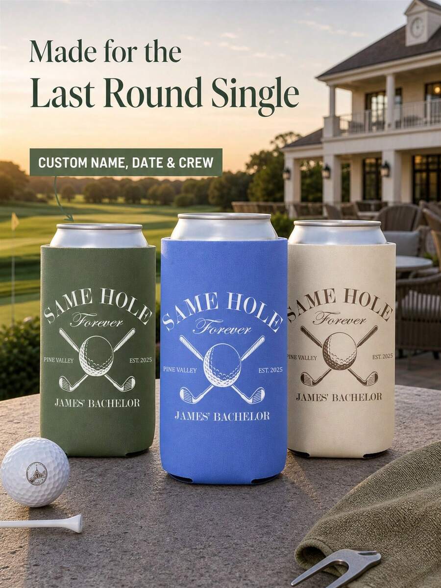 1pc Customized Golf Cup Covers, Personalized Neoprene Drinking Sleeves Featuring Names, Locations And Years, A Permanent And Universal Gift For Single Parties, Standard And Slender Cup Holders, Suitable For Grooms And Golf Outings. - Multicolor - View 1