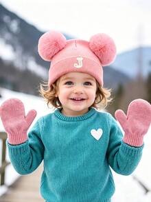 3pcs/Set Baby Letter Knit Hat And Gloves Set, A-Z Double Pom Pom Knit Hat + Knit Gloves, Elastic Warm Winter Accessories, Suitable For Baby Toddler Girls - Pink - View 2