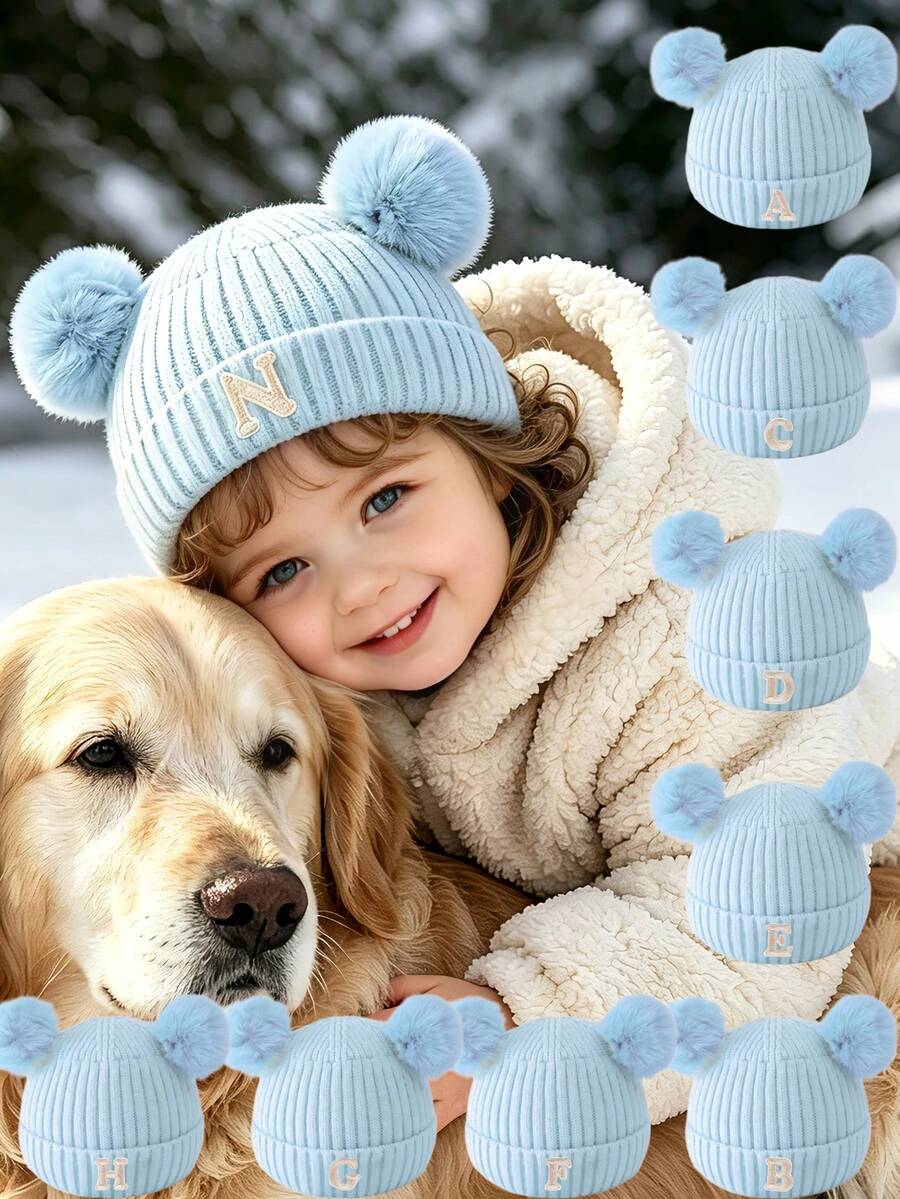 1pc Personalized Knit Baby Hat, 26 Letter Knit Hat For Toddlers & Children, Handmade Skull Cap For Baby Girls, Suitable For 0-3 Years Old Daily Wear - Blue - View 1