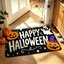 1pc Black Background White Text Pumpkin & Bat Pattern Entryway Doormat, Simple Vintage Style Polyester Rectangular Non-Slip Easy-To-Clean Mat For Halloween Holiday Doorway, Hallway, Yard - 0714+MZGJ - View 6