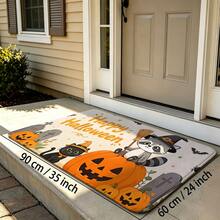 1pc Halloween Raccoon Black Cat Pumpkin Bat Pattern Entryway Doormat, Cartoon Style Polyester Rectangular Non-Slip Scratch-Resistant Dust-Removing Door Mat, Suitable For Halloween Holiday Entrance Door Front Outdoor Indoor - 0713+MZGJ - View 13