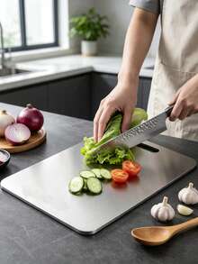 3pcs/1pc Stainless Steel Cutting Board - Kitchen Cutting Board, Durable Mold-Resistant Butcher Block Rolling Surface, Suitable For Home Cooks And Cooking Enthusiasts, Used For Cutting Meat, Bread Board, Vegetable And Fruit Board, Cutting Board For Home Dorm, Kitchen Gadget, Perfect For Slicing And Displaying Food, Essential For Country Kitchen, Great Gift For Holidays, Outdoor Camping, Christmas, Back To School - Silver - View 2