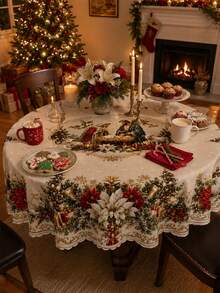 White Tablecloth With Gold Floral Print – Elegant Christmas Table Decor – Polyester Rectangular/Round/Oval Tablecloth – Suitable For Winter Table Settings And Home Christmas Parties. - Multicolor - View 1