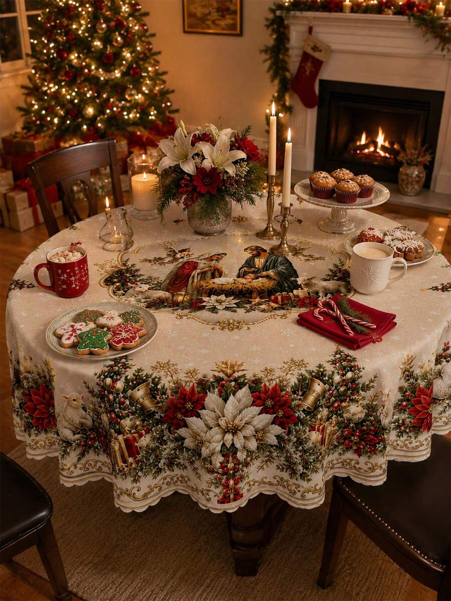 White Tablecloth With Gold Floral Print – Elegant Christmas Table Decor – Polyester Rectangular/Round/Oval Tablecloth – Suitable For Winter Table Settings And Home Christmas Parties. - Multicolor - View 1