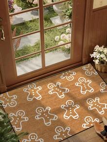 1pc, Winter Christmas Smiling White Gingerbread Man Pattern Door Mat, Holiday Style Machine Washable Polyester Fiber Mat, Suitable For Indoor, Party, Daily Decoration, All Season Use - White - View 12