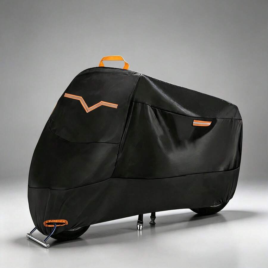 Thickened 210D Oxford Fabric Full Coverage Motorcycle/Electric Bike Cover, With Orange High-Visibility Reflective Strip + Anti-Theft Lock, Outdoor Sun Protection, Waterproof, Dustproof Universal Motorcycle Protective Cover, New Style. - Orange Reflective Strip - View 1