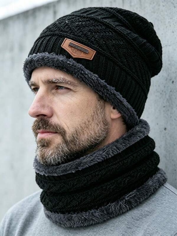 2pcs Set Winter Knitted Hat And Scarf, Warm Thick Lining, Men's Casual Winter Accessories