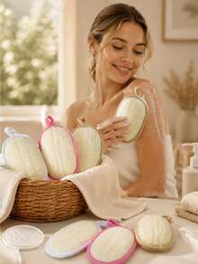 1pc Natural Loofah Bath Scrubbing Towel, Gentle Exfoliating Bath Tool, Bath Sponge Pad, Linen Material Bath Brush, African Net Sponge, Body Brush, Bath Accessories - Multicolor - View 1