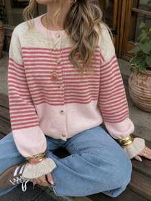 Women's Casual Round Neck Drop Shoulder Ruffle Striped Button Ribbed Cardigan, Chic Elegant Basic Going Out Back To School Sweater, Fall Winter - Multicolor - View 3