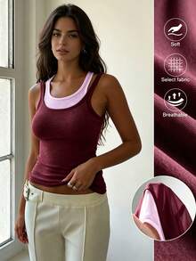 Red Sleeveless Double Layer Tank Top, Fashion Casual Spring Summer Standard Size - Red - View 1