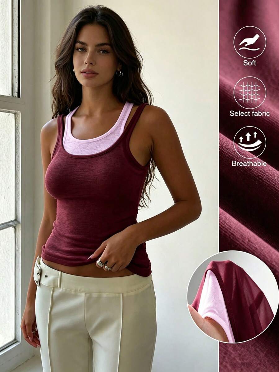 Red Sleeveless Double Layer Tank Top, Fashion Casual Spring Summer Standard Size - Red - View 1