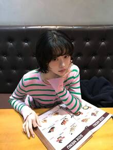 Women's New Autumn/Winter Pink Colorblock Striped Knit Lightweight Cardigan, Asymmetrical Hem, Slit Cuff Detail - Pinkish Green - View 3