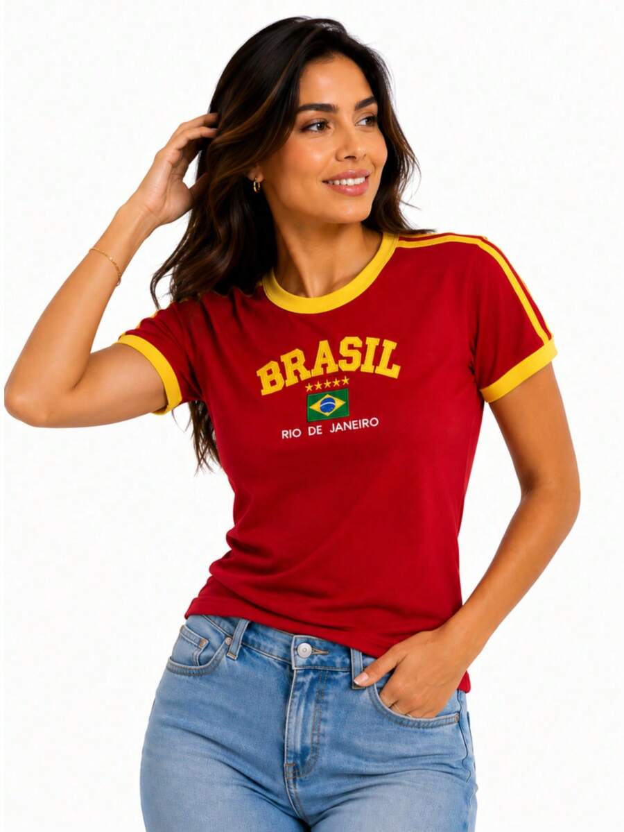 Baby Tee Brazil Retro Embroidered BabyLock Y2K - Rojo - Ver 1
