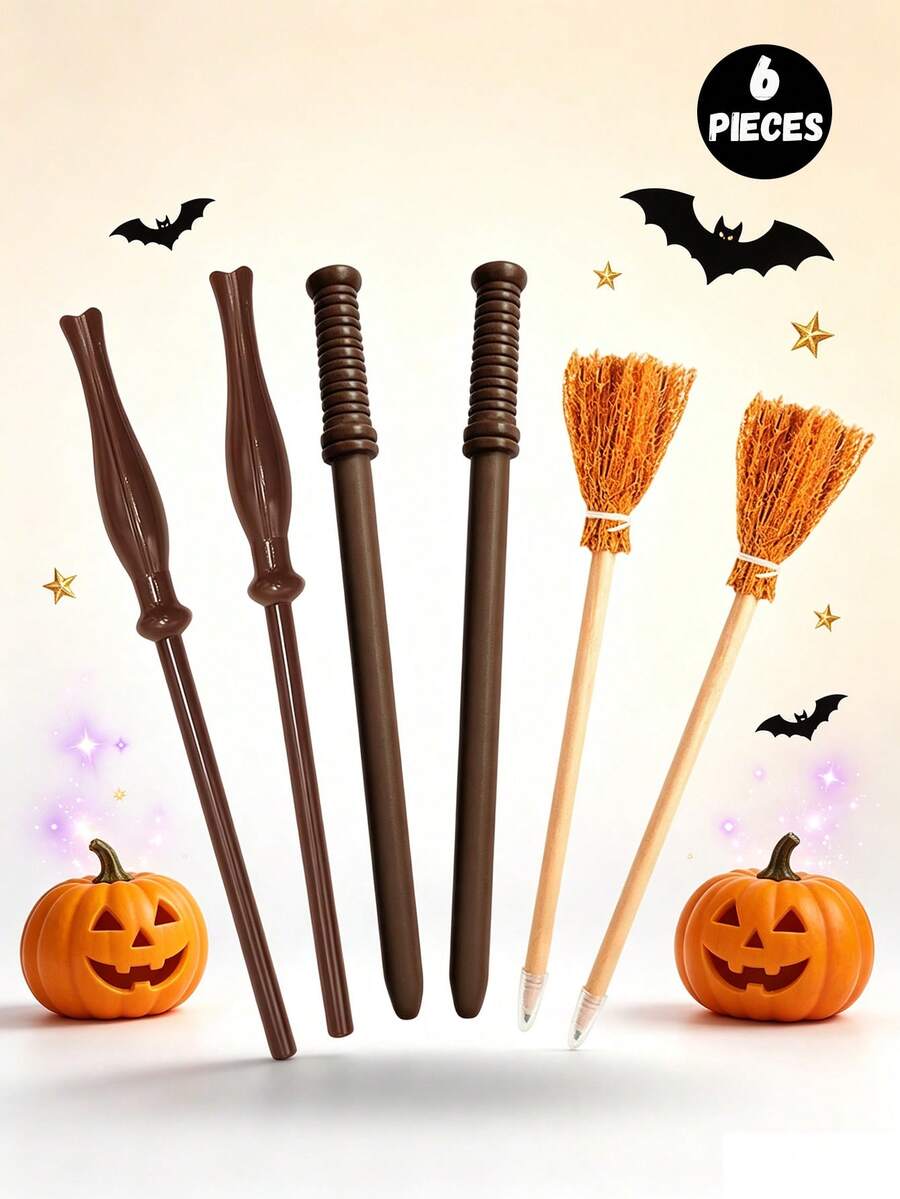 6pcs Halloween Magic Wizard Wand & Broom Pencil Set, Magic Theme Party ...