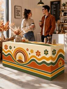 1pc Retro Boho Fall 3-Sided Table Cover, Polyester Tablecloth With Orange Green Wavy Stripes, Vintage Flowers & Sunrise Arch, 70s Geometric Table Decor For Autumn Party,Suitable For Thanksgiving, Weddings, Kitchen Decor, And Autumn Home Decoration. - Multicolor - View 1