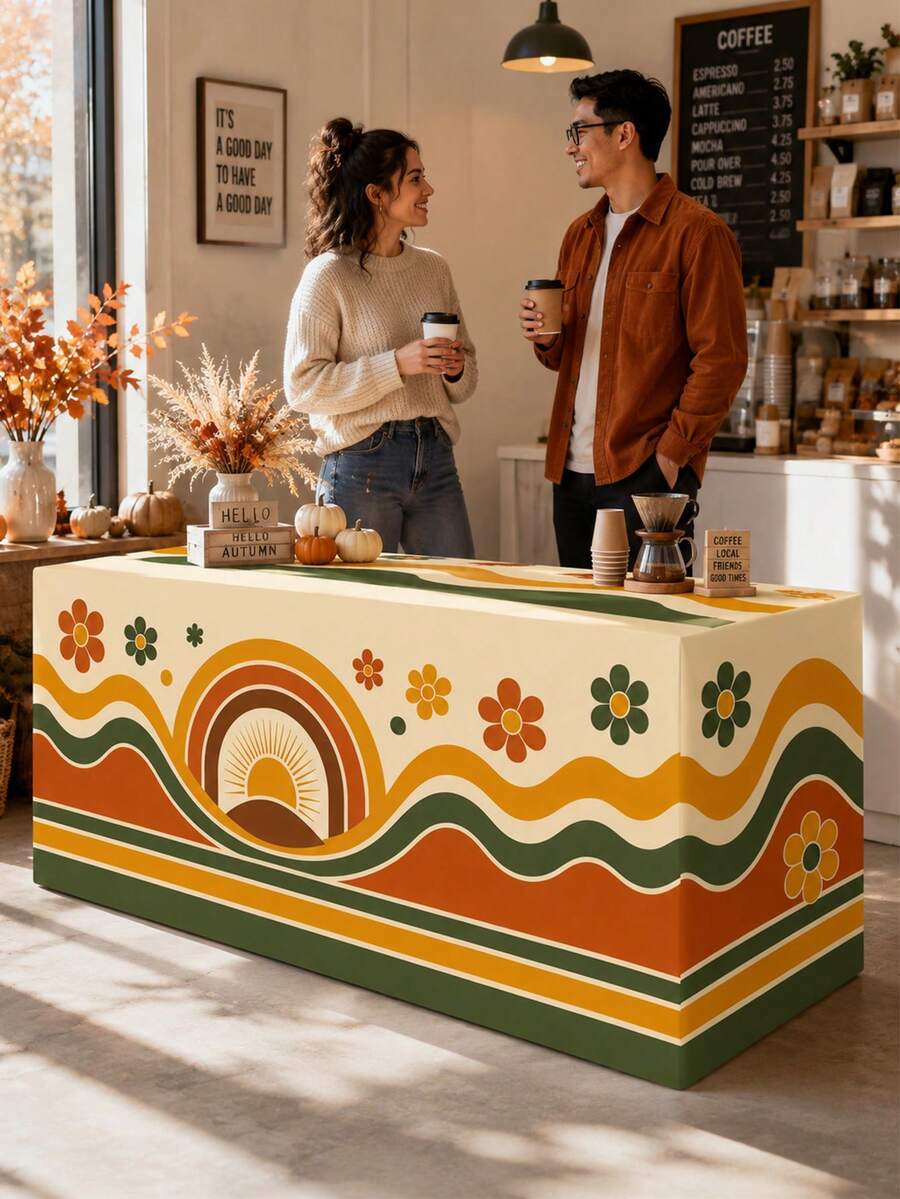 1pc Retro Boho Fall 3-Sided Table Cover, Polyester Tablecloth With Orange Green Wavy Stripes, Vintage Flowers & Sunrise Arch, 70s Geometric Table Decor For Autumn Party,Suitable For Thanksgiving, Weddings, Kitchen Decor, And Autumn Home Decoration. - Multicolor - View 1