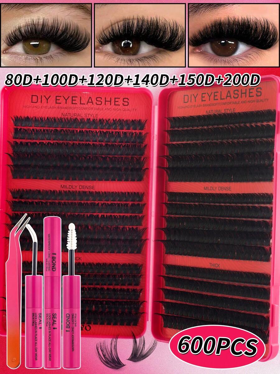 DIY Eyelash Extension Kit (Includes 600 Clusters Option), D Curl, Covers 80D To 200D Multiple Sizes; Kit Includes Eyelash Adhesive And Setting Liquid, Application Tools And Tweezers, Suitable For DIY Creating Exquisite Eyelash Makeup