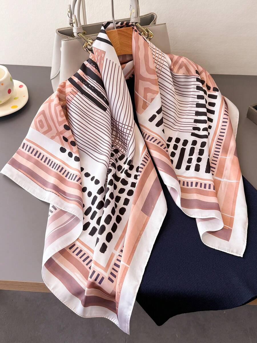 1 Pc Abstract Stripes Geometry Women's Print Hair Kerchief Imitation Silk Square Scarf Handbag Neck Tie Hijab Bandana For Daily Decor Ribbon. - Brown - View 1