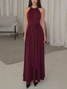 Women's Sexy Backless Ruched Tie Pleated Maxi Dress, Solid Color Elegant Slim Fit Evening Party Ball Gown - Burgundy - View 3