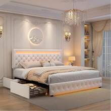 Gegoforu Marco de cama LED multifuncional con 4 cajones de almacenamiento y luces LED RGBW de control inteligente en la cabecera y el pie de cama, y terciopelo - Terciopelo blanco - Ver 1