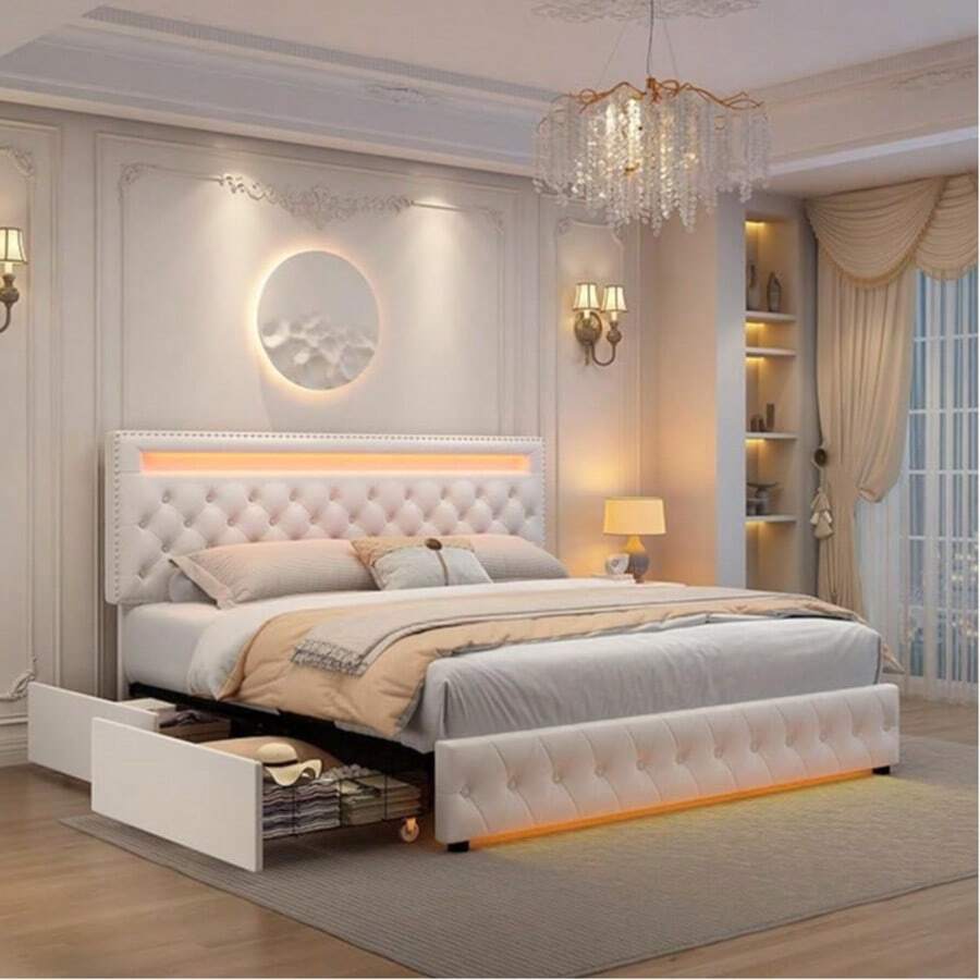 Gegoforu Marco de cama LED multifuncional con 4 cajones de almacenamiento y luces LED RGBW de control inteligente en la cabecera y el pie de cama, y terciopelo - Terciopelo blanco - Ver 1