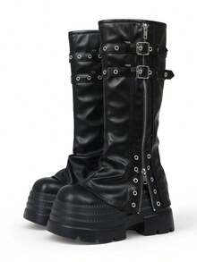 Goth Women's Fold Over Knee High Boots Platform Y2k Punk Thick Sole Belt Buckle Wedges High Heels Motorcycle Ruched Slouchy Boots Fashion Halloween - Black - View 2
