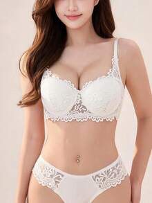 Elisvara 1 Set Women's White Sexy Lingerie Set, Elegant Lace Breathable Non-Sagging Bra Set, Comfortable Bra Set, Perfect Gift - White - View 4