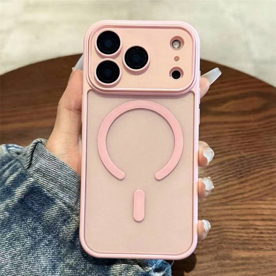 Magnetic Luxury Matte Semi-Transparent Shockproof Armor Phone Case, Compatible With IPhone 18 Pro Max 17 16 15 14 13 12 Mini 11 Plus, With Camera Lens Protection Cover - Pink - View 1