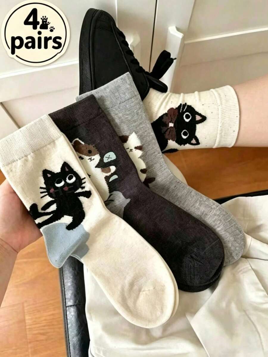 4 Pairs Autumn New Minimalist Sweet Cartoon Cat Style Versatile Mid-Calf Socks - Multicolor - View 1
