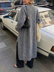 女款灰色長袖鈕扣針織開襟衫,適合秋冬疊穿 - 灰色 - 查看 9