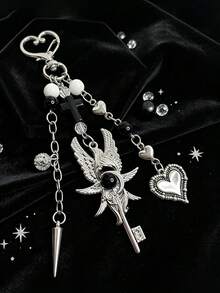 Vintage Dark Angel Wing Keychain, Cross Bag Charm, Y2K Girly Punk Bag Accessory - Multicolor - View 3