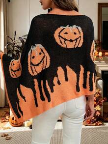 Plus Size Casual Fashion Halloween Pumpkin Asymmetric Design Knit Shawl Sweater Black - Black - View 2