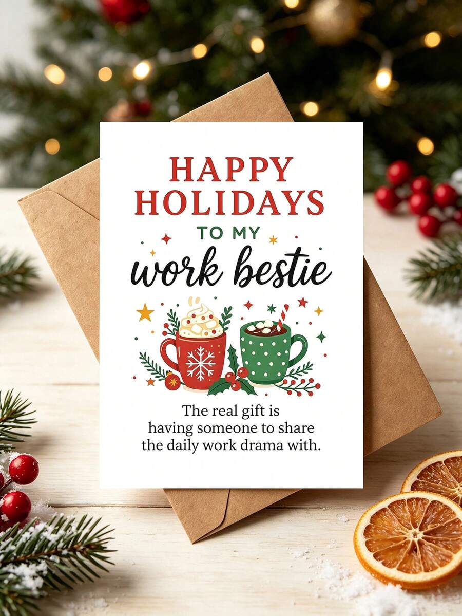 1pc Playful Work Bestie Christmas Card With Envelope, Hot Cocoa Mugs Festive Design, Xmas Holiday Card For Work Bestie & Colleagues, Office Gift Swap Present, Blank Inside - A - View 1