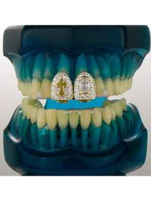 RACHELZ 雙層鏤空十字全鋯石 Grillz 牙套 嘻哈復古眼款 立方鋯石牙套 中性亮面飾品 - 金色 - 查看 6