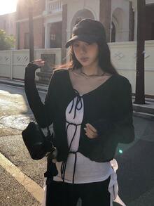 V-Neck Tie-Up Knit Cardigan For Women, Lightweight Loose Casual Short Jacket For Summer Black Fall - Black - View 8