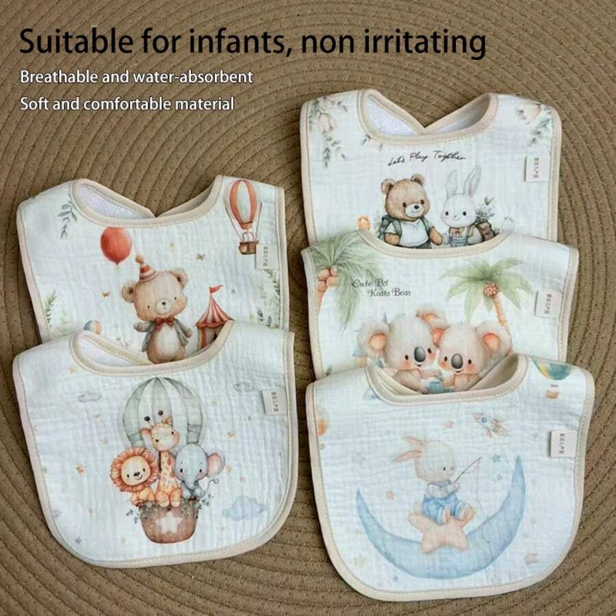 5pcs Cartoon Print Baby Bibs For Newborns, 3pcs Soft Absorbent Teething Bibs For Baby Boys And Girls - Light Khaki - View 1