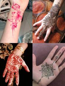 6PCS (4pcs Black, Chestnut, Deep Red, Rose Red Henna Paste + 2 Templates) Combo Set Henna Nail Art Tattoo Cream With Storage Box, Semi-Permanent Plant-Based Tattoo Ink For Hands And Body - Multicolor - View 3