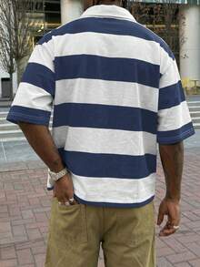 Men's Lightweight Retro Colorblock Wide Stripe Polo Shirt, Relaxed Fit, Clean Collegiate Style - Blue and White - View 5