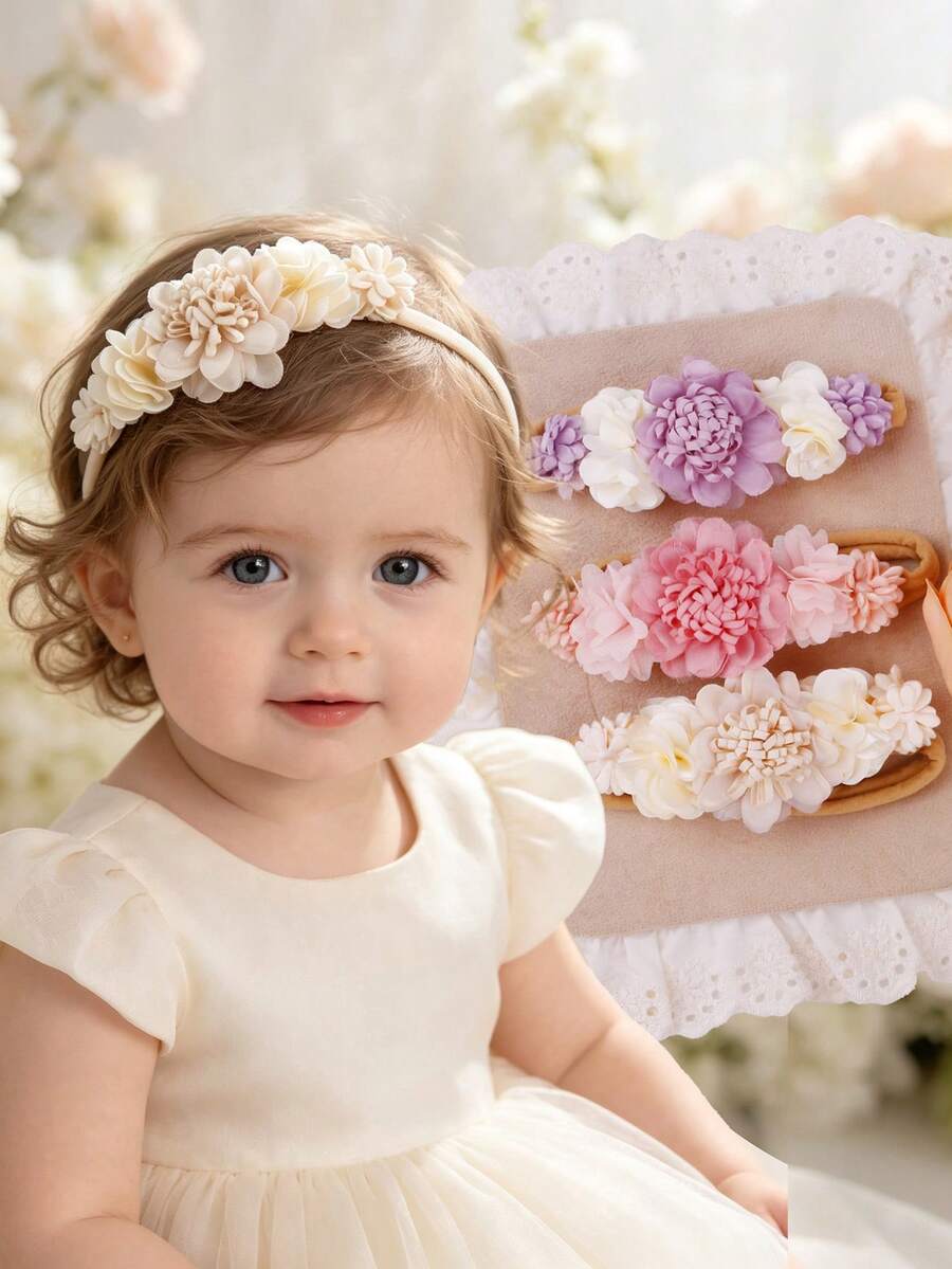 3件組多色組合嬰兒3D花朵髮帶,甜美溫柔布料大花彈性髮帶 - 彩色 - 查看 1