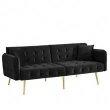 2-Seater Multifunctional Sofa Bed With Sleeping Function, Adjustable Backrest + Multi-Position Armrests. Modern Folding Sofa Bed For Living Room – Velvet Upholstery. Spacious Sleeping Area - Black - View 7