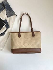 Cross-Border Woven Color-Block Rhombus Embossed Large Capacity Tote Bag Shoulder Large Bag Versatile Fashion Tote Bag For Women - Khaki - View 5