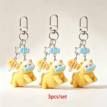 1 Set 3pcs Women's New Korean Style INS Cute Cartoon Cat Keychain With Fur Ball, Star Beads, Phone Chain, Backpack Charm, Couple/Best Friend Gift Pendant - Multicolor - View 2